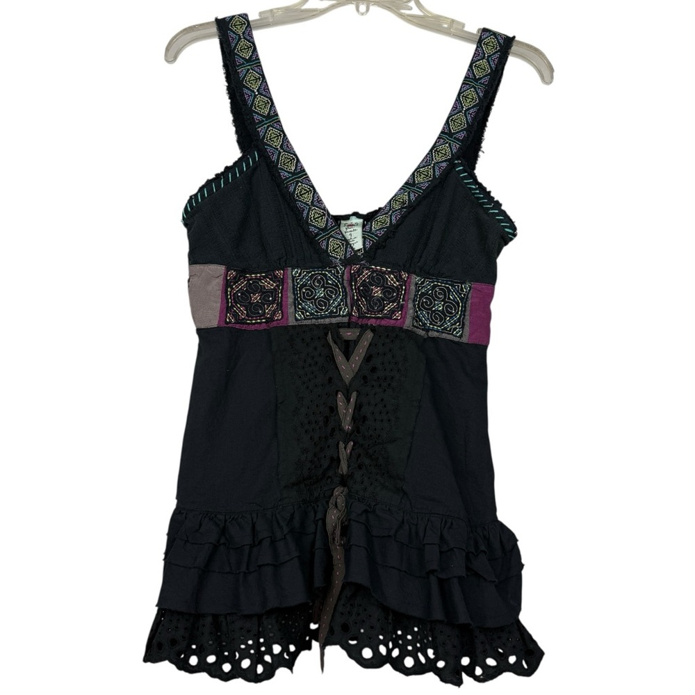Free People Black Embroidered Tank Top with Purple Accents